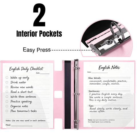 Four Pack 1 Inch 3 Ring Binders With 360 Degree Foldable Design Rotatable Covers in pink, shown opened with interior pockets.