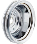 Chrome V Belt Pulley Set For Small Block Chevy Long Water Pump Accessory Drive with 2 Groove Lower Pulley SBC close-up view