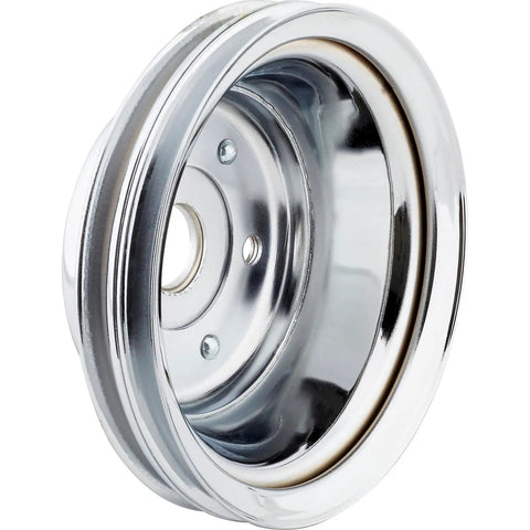 Chrome V Belt Pulley Set For Small Block Chevy Long Water Pump Accessory Drive with 2 Groove Lower Pulley SBC close-up view