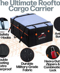 Extra Waterproof Rooftop Cargo Carrier Bag 23 Cu Ft with safety hooks, anti-slip bottom, and weatherproof zippers displayed.
