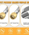 Close-up of 6 Ft High Pressure Propane Hose Extension With Conversion Couplings For BBQ Grill Fire Pit And Heater, 3/8" Flare