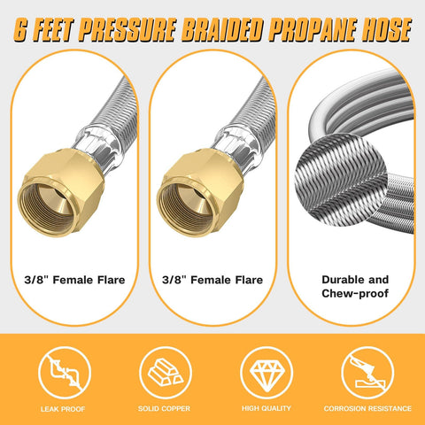Close-up of 6 Ft High Pressure Propane Hose Extension With Conversion Couplings For BBQ Grill Fire Pit And Heater, 3/8" Flare