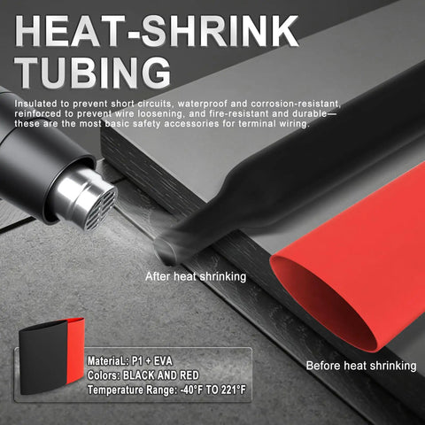 All In One Marine Grade Wire Terminal Kit image showing heat shrink tubing before and after shrinking, black and red colors.