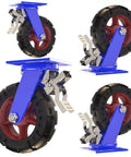 Heavy Duty Garage Casters With Hard As Nails Solid Rubber Tires And Bulletproof Steel Wheel Hub showing set of four swivel casters with locking brake.