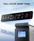 Ultra Slim Countertop Ice Maker With Full Color Panel displaying control buttons and internal LED lights with ice.