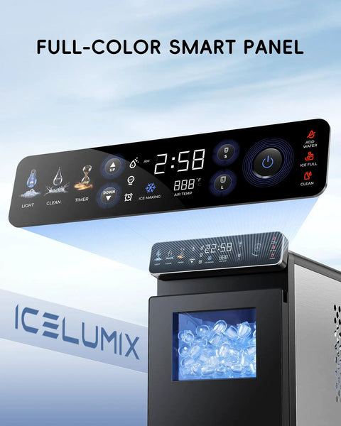 Ultra Slim Countertop Ice Maker With Full Color Panel displaying control buttons and internal LED lights with ice.