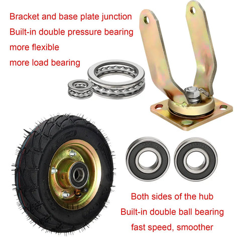 Heavy Duty Ten Inch Swivel Caster Set Of Four Built Like A Beast Industrial Wheels With Pneumatic Rubber Tires Shock Absorbing Steel Hubs Super Smooth Silent Roll For Any Rig Setup showing bracket, bearings, and tire.