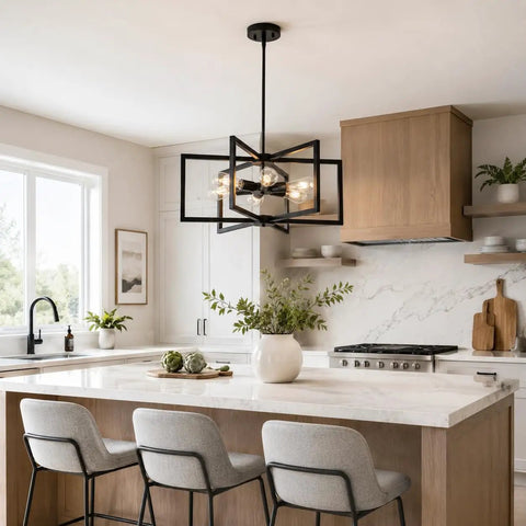Drop-Dead Gorgeous 23.6 Inch Black Farmhouse Chandelier With Six Lights And Fully Adjustable Drop For Kitchen Table Dining Room Or Foyer, modern kitchen with elegant lighting.