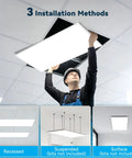 Man installing 1 Pack 2x4 LED Flat Panel Light 70W 7700LM Recessed Ceiling Fixture With CCT 3000K To 6500K Dimmable, showing three methods.