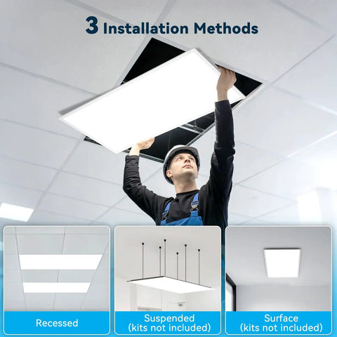 Man installing 1 Pack 2x4 LED Flat Panel Light 70W 7700LM Recessed Ceiling Fixture With CCT 3000K To 6500K Dimmable, showing three methods.