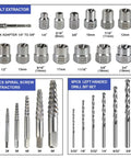 26 Piece Damaged Screw And Bolt Extractor Set With Left Hand Cobalt Drill Bits Easy Out Screw Remover Kit for Removing Rusted Seized And Broken Nuts And Bolts Pro Grade Heavy Duty Chrome Molybdenum Steel Construction, includes hex adapters, bolt extractors, spiral screw extractors, and drill bits.