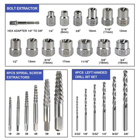 26 Piece Damaged Screw And Bolt Extractor Set With Left Hand Cobalt Drill Bits Easy Out Screw Remover Kit for Removing Rusted Seized And Broken Nuts And Bolts Pro Grade Heavy Duty Chrome Molybdenum Steel Construction, includes hex adapters, bolt extractors, spiral screw extractors, and drill bits.