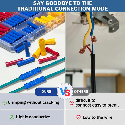 100 Pack Wire Butt Splice Connector Kit for 22-10AWG, Cold Crimp Electrical Wire Terminals next to wires with exposed ends
