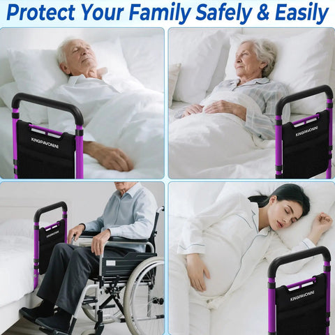 Rock Solid Bed Rails For Elderly Safety With Tool Free Setup shown with people in bed and wheelchair assist