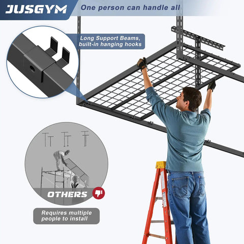 Person installing Heavy Duty Overhead Garage Storage Rack System 4x8 Foot Ceiling Organizer Adjustable 26 To 40 Inches