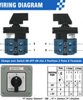 High Current 25A Rotary Changeover Switch wiring diagram for Solar Power Rig Setup, showing 3 Position 2 Pole 8 Terminal configuration.