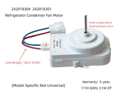 Condenser Fan Motor Replacement For Frigidaire Electrolux Units, 115V 60Hz 3.1W, One Eighth Inch Shaft, 4 Pin, Includes Adapter Cord