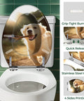 Elongated Toilet Seat Quiet Close Hinges Bathroom featuring a golden retriever design, grip-tight bumpers, stainless steel hinges.