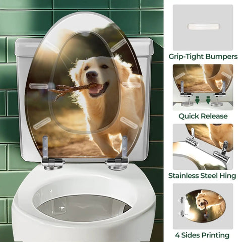 Elongated Toilet Seat Quiet Close Hinges Bathroom featuring a golden retriever design, grip-tight bumpers, stainless steel hinges.
