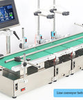 Dual Head Automatic Bottle Filler With Integrated Conveyor Belt And Effortless Digital Controls stainless steel setup with digital screen and conveyor.