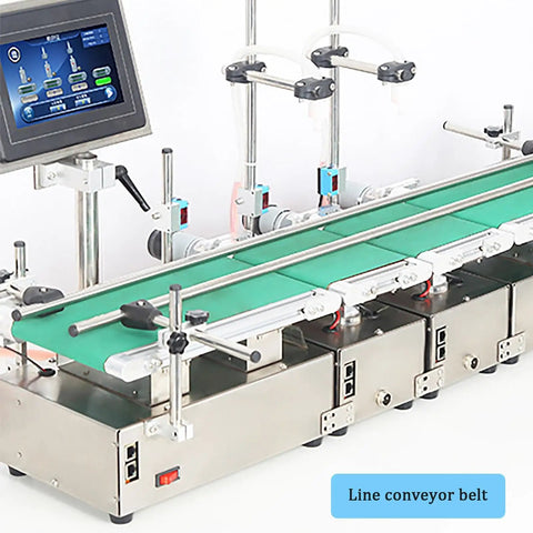 Dual Head Automatic Bottle Filler With Integrated Conveyor Belt And Effortless Digital Controls stainless steel setup with digital screen and conveyor.