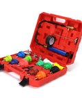 18 Pack Universal Radiator Pressure Leak Tester Kit For Automotive Coolant Systems On Cars Trucks And Motorcycles With Easy Air Bleed And Fast Leak Detection And Multi Function Testing In One Red Set in open case with components visible.