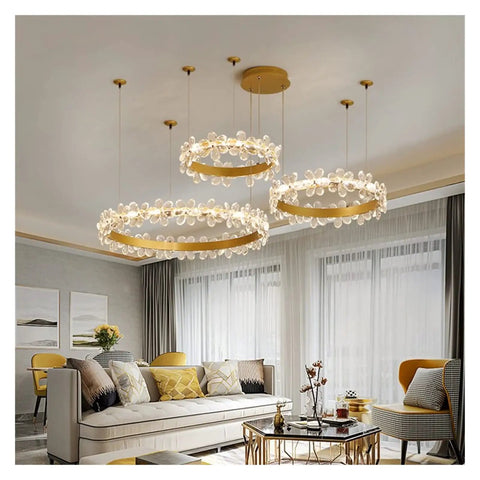 Modern LED s Gold Living Room Light Nordic Crystal Pendant Lighting for Bedroom Kitchen Lustre Moderno with three rings.