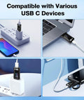 USB Power Meter Tester With 4-25V 5A LCD Display measuring devices connected to charging ports and USB-C laptops.