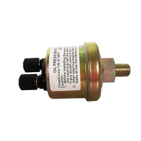 Oil pressure gauge sensor, 52mm metal gold-toned housing, side view with threaded port