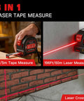 3-in-1 Laser Tape Measure With 196ft Laser Range, 16ft AutoLock Tape, Built-In Level, Type-C Rechargeable, Magnetic Hook, 6 Modes For Construction And DIY Pros, Ultra-Accurate Distances And Quick Measurements showing tape and laser crosshair