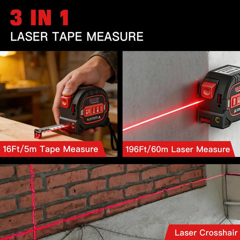 3-in-1 Laser Tape Measure With 196ft Laser Range, 16ft AutoLock Tape, Built-In Level, Type-C Rechargeable, Magnetic Hook, 6 Modes For Construction And DIY Pros, Ultra-Accurate Distances And Quick Measurements showing tape and laser crosshair
