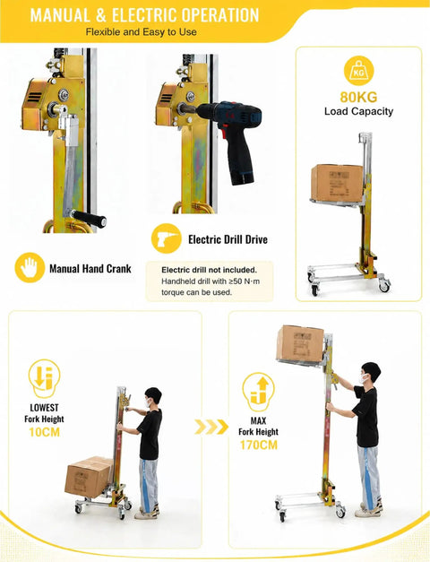 Heavy Duty 60 Or 80 Kg Lifting Jack For Warehousing And Material Handling, manual and electric operation, showing adjustable height and control.