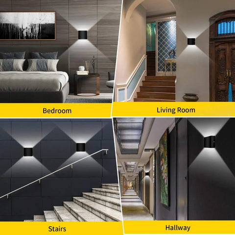 2 Pack LED Wall Sconce 10W Hardwired Modern Black Up Down Wall Lamps For Living Room Hallway Bedroom Decor Cool White COB LEDs Included Fifty Thousand Hours Mini Metal in various interior settings showing light effects.