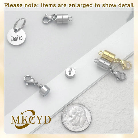 Magnetic Necklace Clasp With Lobster Clasp 14K Gold And Silver for jewelry, shown with size comparison to a dime.