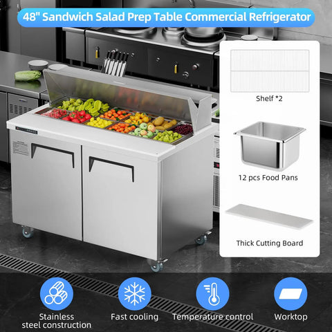Heavy Duty Commercial Sandwich And Salad Prep Refrigerator With 48 Inch Double Doors Stainless Steel Worktop And 12 Pan Trays, showcasing fruits and vegetables