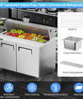 No Sweat Cooling Commercial Sandwich Prep Fridge Double Door Setup With Built Tough Stainless Steel Top And 12 Pan Station 12 Point Eight Five Cubic Feet Capacity Kitchen Real Deal with open lid and food pans.