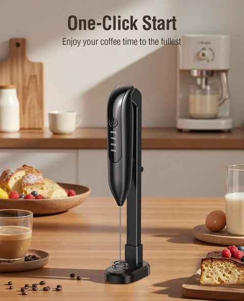 Rechargeable Electric Milk Frother Handheld 3 In 1 With LED Display And Wireless Charging on kitchen counter