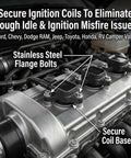 Heavy Duty M6 X 25mm Stainless Steel Ignition Coil Mounting Bolts 4 Piece Kit installed on engine coils with flange bolts.