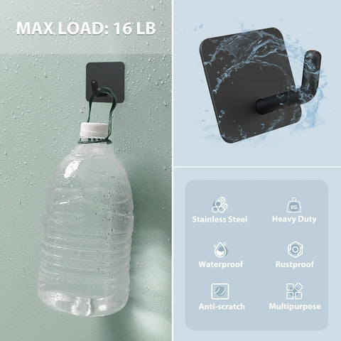 Heavy Duty Shower Wall Adhesive Hooks 304 Stainless Steel Matte Black Waterproof Stick On Mounts holding water jug