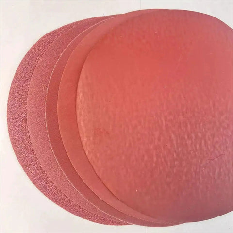 Ten Pack 8 Inch Sanding Discs Hook And Loop Adhesive Machine Paper Aluminum Oxide Grits 80 120 240 assorted grits stacked on white background.