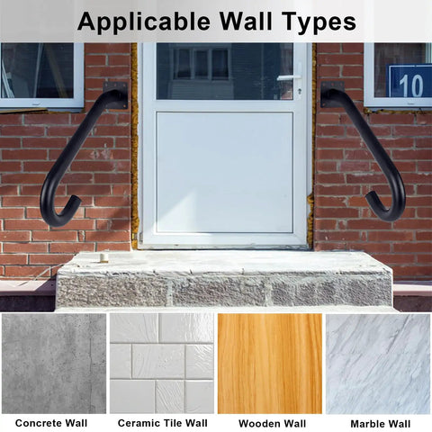 Two Pack Half U Metal Handrails For Outdoor Steps And Indoor Stairs Wall Mount Safety Rail with black grip on brick wall.