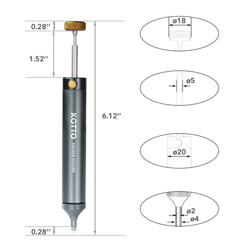 One Hand Trigger Desoldering Vacuum Pump Solder Sucker With Aluminum Body And Silicone Tip dimensions and components view
