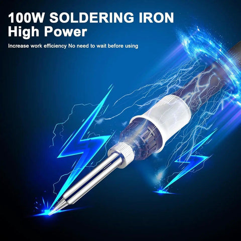 All In One 100W Soldering Station Kit With Digital Display And Hot Air Rework Crazy Fast Heat Up, showing soldering iron with blue electric effect