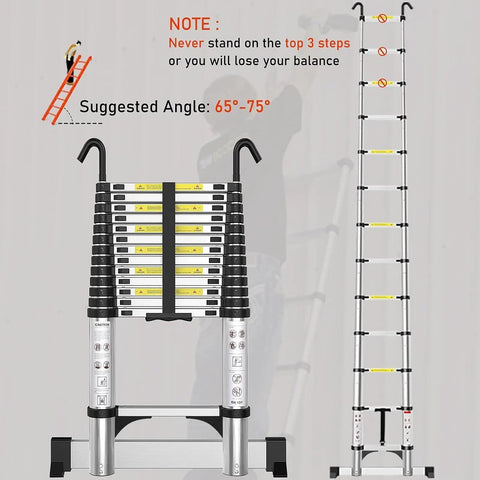 Lightweight Aluminum Telescoping Ladder 13.5 Ft With Hooks and Stabilizer, Retractable extension ladder fully and partially extended.