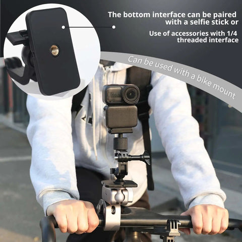 Person using Magnetic Backplate Mount for Osmo Nano With One Quarter Inch Thread Adapter on bike handlebar