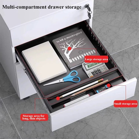 Open drawer of Compact Metal Rolling File Cabinet With Lock For Home Office, 3-Drawer Under-Desk Storage with stationery items.