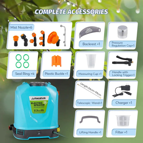 Battery Powered Backpack Sprayer 5.28 Gallons 20L With Mixing System And Telescopic Wand accessories with mist nozzles and more