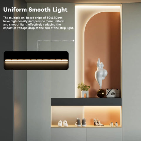Ultra Bright 16.4ft COB LED Strip Light With 2520 LEDs 4000K Natural White illuminating modern shelf with decor items
