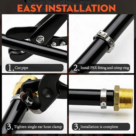 Single Ear Hose Clamp Kit With Crimping Pliers installation steps showing secure fitting and clamp tightening.