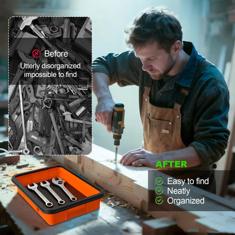 Heavy Duty Foldable Magnetic Parts Organizer With Three Silicone Trays For Bolts Nuts Washers And Small Tools Space Saving Collapsible Design With Strong Magnets And Scratch Resistant Trays shown in use at a workshop.